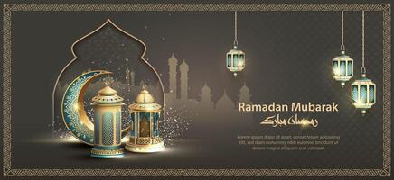 islamic greetings ramadan mubarak card design with crescent moon, mosque, and lanterns vector