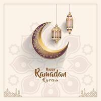 islamic greeting card ramadan kareem template design with crescent and two lanterns vector