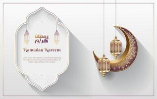 ramadan greetings card template with beautiful lanterns and crescent moon vector
