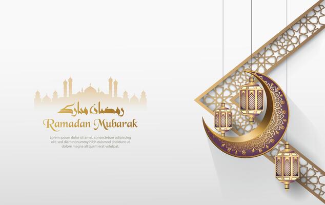 islamic greetings ramadan mubarak template design with islamic decoration, lanterns and crescent moon