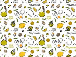 Mayonnaise sauce ingredients organic recipe sketch, seamless pattern. Homemade mayonnaise sauce, design elements. Hand drawn package, label, recipe, cookbook design. Oil, lemon, spices and eggs vector