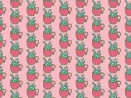 seamless pattern featuring green succulents in bright red mugs on a soft pink background. Ideal for textiles, wallpapers, scrapbooking, and gift wrap. vector