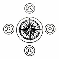 A compass on white surface with holographic community icons and growth symbols floating above providing copy space concept as Overhead shot of a compass placed on a white surface Square Square vector