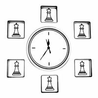 A desk clock on white background with holographic financial graphs and handshake icons providing copy space concept as Front view of a desk clock against a pure white background Square Square vector