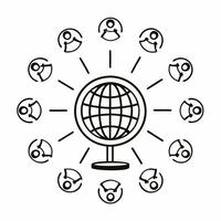 A globe on white surface with holographic community icons and growth symbols floating above providing copy space concept as Overhead shot of a small globe placed on a white surfac Square Square vector
