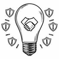 A light bulb on white background with holographic growth symbols and handshake icons leaving copy space concept as Straight on shot of a light bulb against a pure white background Square Square vector