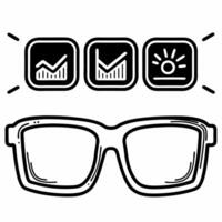 A pair of glasses on white surface with holographic community icons and growth graphs floating above with copy space concept as Overhead shot of eyeglasses resting on a white surf Square Square vector