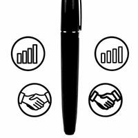 A pen standing upright on white background with holographic growth charts and handshake icons leaving copy space concept as Close up shot of a pen standing vertically against a wh Square Set 2 Square vector