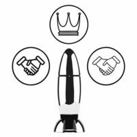 A rocket model on white background with holographic growth charts and handshake icons leaving copy space concept as Side view of a rocket model against a white background Surroun Square Square vector