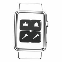 A smartwatch on white background displaying holographic crown and gavel icons leaving copy space concept as Close up shot of a smartwatch against a pure white background On its sc Square Square vector