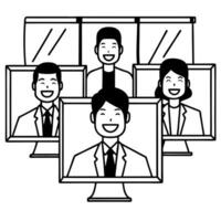 Business people sharing a spontaneous laugh during a conference call concept as A candid image capturing business professionals laughing together during a conference ca Square Square vector
