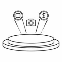 Camera with holographic price icons concept as A camera sits on a glossy white pedestal with two holographic icons hovering a glowing price tag and a dollar sign symbolizing offers Square Square vector