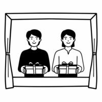 Candid Gift Exchange concept as A candid shot of two people exchanging gifts with smiles set against a white background The camera captures the moment from a frontal angle emphasi Square Square vector