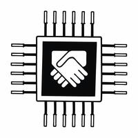 Close up of Holographic Handshake over Circuit Board concept as A macro shot of two holographic hands shaking over a circuit board The camera angle captures the handshake and the Square Square vector