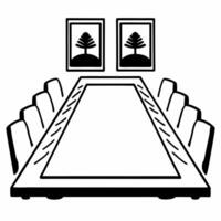 Conference Table with Holographic Bridge and Community concept as A conference table on a glossy white floor has two holographic icons hovering above a bridge symbolizing compromis Square Set 2 Square vector