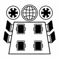 Conference Table with Holographic Globe and Puzzle Piece concept as A conference table set on a glossy white floor has two holographic icons hovering above a globe and a puzzle pie Square Square vector