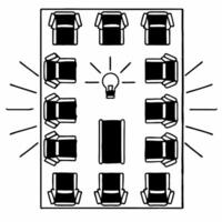 Conference Table with Holographic Hands and Lightbulb concept as A conference table on a glossy white floor has two holographic icons hovering above hands shaking and a lightbulb s Square Square vector