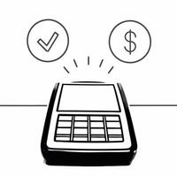 Credit card terminal with holographic icons concept as A credit card terminal sits on a glossy white countertop with two holographic icons hovering a glowing checkmark and a dollar Square Square vector
