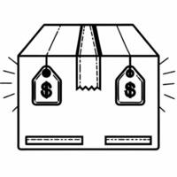 Delivery box with holographic offer icons concept as A delivery box sits on a glossy white surface with two holographic icons hovering a glowing discount tag and a dollar sign symb Square Square vector