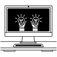 Desktop Monitor with Holographic Hands and Lightbulb concept as A desktop monitor on a glossy white desk features two holographic icons above hands holding a lightbulb symbolizing Square Square vector