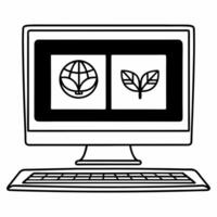Desktop Monitor with Holographic Network and Leaf concept as A desktop monitor on a glossy white desk features two holographic icons above a network symbol and a green leaf represe Square Square vector