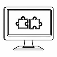 Desktop Monitor with Holographic Puzzle Pieces and Globe concept as A desktop monitor stands on a glossy white desk with two holographic icons floating above interlocking puzzle pi Square Square vector