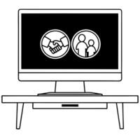 Desktop Monitor with Holographic Handshake and Community concept as A desktop monitor on a glossy white desk features two holographic icons above a handshake symbolizing compromise Square Square vector