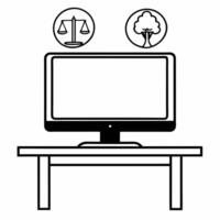 Desktop Monitor with Holographic Scale and Tree concept as A desktop monitor stands on a glossy white desk with two holographic icons floating above a balanced scale symbolizing co Square Square vector