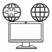 Desktop Monitor with Holographic Puzzle Pieces and Globe concept as A desktop monitor stands on a glossy white desk with two holographic icons floating above interlocking puzzle pi Square Set 2 Square vector