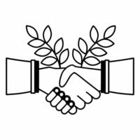 Eco handshake sprouting leaves concept as Close up of two hands shaking with leaves and vines growing from the point of contact Camera slowly pans out to reveal the handshake form Square Square vector