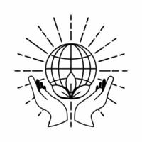 Flat Abstract Hands Holding Globe with Plants concept as Soft abstract hands hold a glowing globe sprouting plants amid bokeh effects symbolizing community growth achieved through Square Square vector