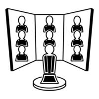 Flat AI powered debate moderator concept as Close up of an AI hologram moderating a political debate processing responses in real time Camera circles the hologram showing its mult Square Square vector