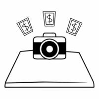 Flat Camera with holographic price icons concept as A camera sits on a glossy white pedestal with two holographic icons hovering a glowing price tag and a dollar sign symbolizing o Square Square vector