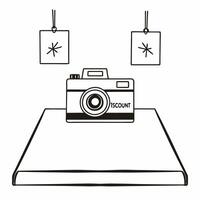 Flat Camera with holographic discount sign concept as A camera rests on a glossy white platform with two floating holographic symbols above a discount tag and a percentage icon rep Square Square vector