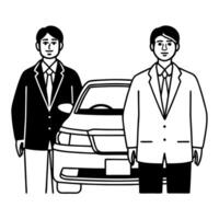 Flat Candid Car Dealership Interaction concept as A candid shot of a salesperson showing a car to a customer at a dealership with a white background The camera captures from an ov Square Square vector