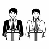 Flat Candid Gift Exchange concept as A candid shot of two people exchanging gifts with smiles set against a white background The camera captures the moment from a frontal angle em Square Square vector