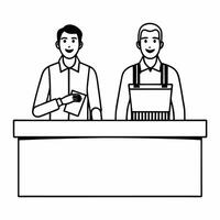 Flat Candid Shopping Checkout concept as A candid image of a cashier handing a receipt to a customer at checkout with a white background The camera captures the moment from behind Square Square vector