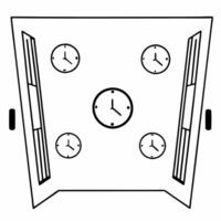 Flat Clock frame with global time zones voting concept as Wide shot of a clock face forming a frame with smaller clocks inside showing voting times in different global time zones Square Square vector