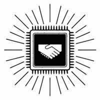 Flat Close up of Holographic Handshake over Circuit Board concept as A macro shot of two holographic hands shaking over a circuit board The camera angle captures the handshake and Square Square vector