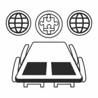 Flat Conference Table with Holographic Globe and Puzzle Piece concept as A conference table set on a glossy white floor has two holographic icons hovering above a globe and a puzzl Square Square vector