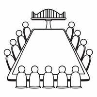 Flat Conference Table with Holographic Bridge and Community concept as A conference table on a glossy white floor has two holographic icons hovering above a bridge symbolizing comp Square Set 2 Square vector