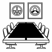 Flat Conference Table with Holographic Bridge and Community concept as A conference table on a glossy white floor has two holographic icons hovering above a bridge symbolizing comp Square Square vector
