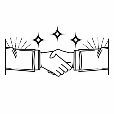 Flat Cosmic deal sealer concept as Dolly shot moving towards two business people shaking hands in a cosmic themed office Soft glowing nebulas and star clusters float around them Square Square