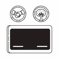 Flat Credit Card with Holographic Handshake and Tree concept as A credit card lies on a glossy white surface with two holographic icons above a handshake symbolizing compromise and Square Square vector