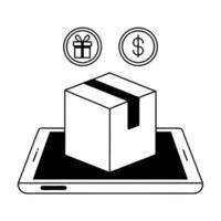 Flat Delivery box with holographic offer icons concept as A delivery box sits on a glossy white surface with two holographic icons hovering a glowing discount tag and a dollar sign Square Square vector