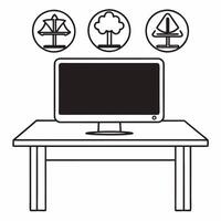 Flat Desktop Monitor with Holographic Scale and Tree concept as A desktop monitor stands on a glossy white desk with two holographic icons floating above a balanced scale symbolizi Square Square vector