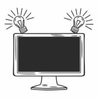 Flat Desktop Monitor with Holographic Hands and Lightbulb concept as A desktop monitor on a glossy white desk features two holographic icons above hands holding a lightbulb symboli Square Square vector