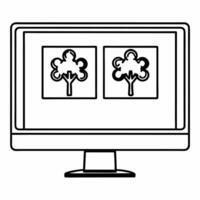 Flat Desktop Monitor with Holographic Puzzle Pieces and Globe concept as A desktop monitor stands on a glossy white desk with two holographic icons floating above interlocking puzz Square Square vector