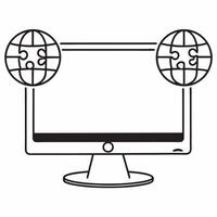Flat Desktop Monitor with Holographic Puzzle Pieces and Globe concept as A desktop monitor stands on a glossy white desk with two holographic icons floating above interlocking puzz Square Set 2 Square vector