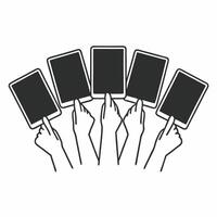 Flat Diverse hands raising voting cards concept as Wide angle view of a diverse group of hands holding up colorful voting cards against a soft out of focus background Camera slowl Square Set 2 Square vector